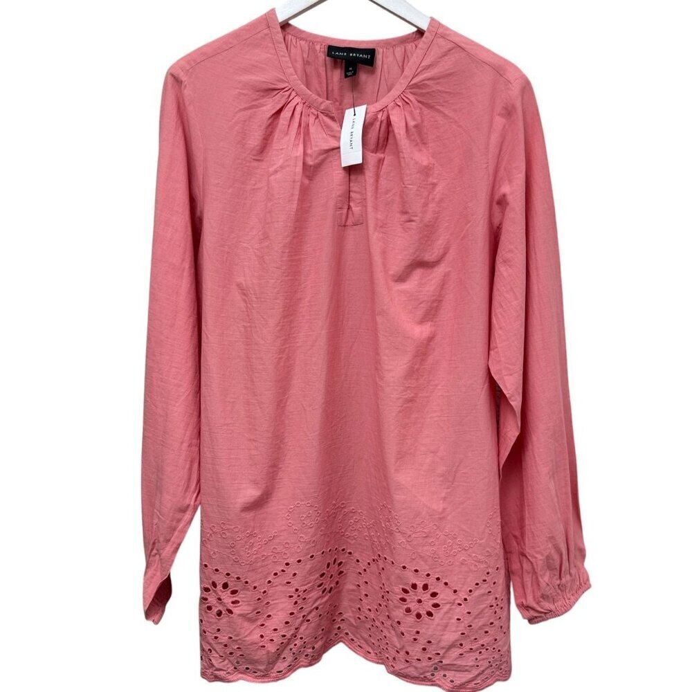 LANE BRYANT Pink Peasant Blouse Size 16 Cotton Eyelet Long Sleeve Womens Top NWT